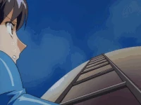 A Blue Delmo climbing a ladder