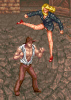 A Doll executing a jumping spin kick towards the hero