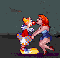 Lethally crushing the balls of the clown hero