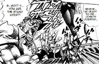 Taunting Joestar as she tries to kill him on the escalator