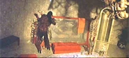 Behind the transparent screen, Cleo twists the sword away, reverses it... and...