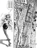 Enjoying the sight of a train supposedly running over the heroes