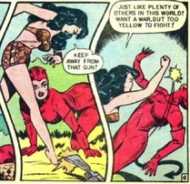 Rulah kicks the fire gun away from Lona and then with a punch to the chin knocks Lona out.