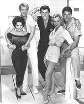 Diane McBain (right) with Margarita Sierra, Troy Donahue, Lee Patterson and Van Williams in Surfside 6 (1960-62)