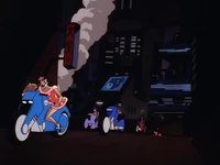 Dottie makes her first appearance on her bike along with her gang