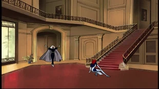 Storm dodges her kick.