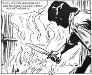 Playcolt prepares a blade for Yaga's punishment by heating the blade in a roaring fire.