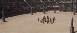 The "Carthaginians" (portrayed by some unlucky gladiators, including the hero Maximus) waiting for their losing battle against the "Roman army"