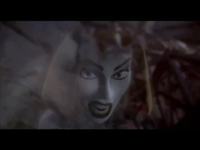 Carrigan, recently after dying yells at Casper and Kat. Her red lipstick, black eyebrows and blonde hair contrasting her paper white skin.