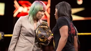 Asuka's face-to-face staredown with Ember Moon