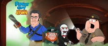An official teaser image for The Quest For Stuff Halloween 2016 event The Hauntening, featuring Ash (Ash vs Evil Dead), Lubdan (Leprechan) Billy (Saw) and Peter Griffin.