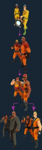 A picture of the muscle minion progression going from worker over guard, to mercenary before it splits towards either Hitmen or Martial Artists.