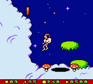 Jim about to land near some mushrooms.