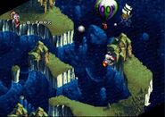 A pirate ship firing cannonballs at Jim and the balloon (PS port)