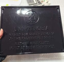 The registry plaque of the Zenobia.
