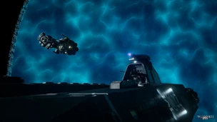 An EMC Fleet assault cruiser and dreadnought firing on Belter ships attempting to run the blockade.