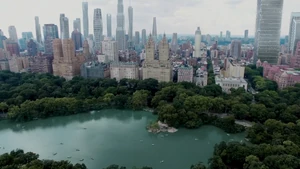 Close-up of hernshead, or heron's head (bird) promontory in Central Park. The red brownstone complex on the right is The American Museum of Natural History †.