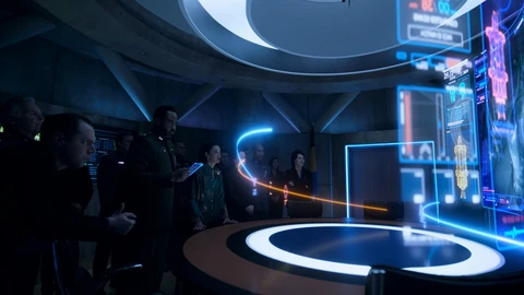 General McCourt and Avasarala watching the boarding of the Pizzouza