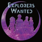 Logo of Explorers Wanted. Silhouettes of explorers against a purple background with a moon behind the text.