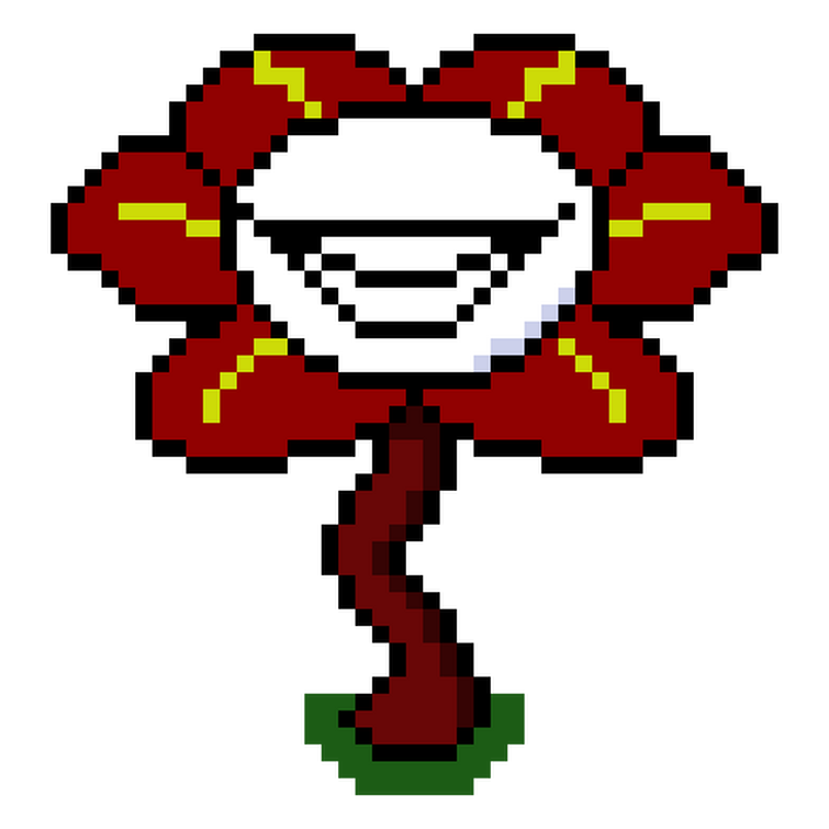 A pixelated red flower with eyes and a mouth looking like flowey from  undertale