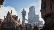 A castle overlooking a town.