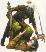 Ein  versucht sich gegen einen Drow zu verteidigen.