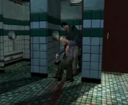 Lucas hiding John Winston's corpse in the bathroom.