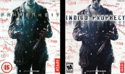 PAL (EU–UK) cover version with the original name of the game, and to the right the NTSC (United States) cover version named Indigo Prophecy. The dripping blood is missing in this latest version of the cover.
