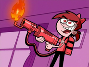 14 years old Vicky is holding a flamethrower