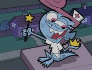 Wanda takes 's crown and wand from his costume, turning her back into a fairy, allowing Timmy to wish everything back to being "Fake and Safe".