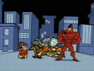 Iron Lung in a pile of villains