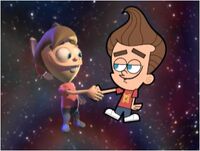 2D Jimmy shaking hands with 3D Timmy.