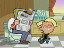 Chester leaving to A.J.'s house while his dad reads the newspaper on the toilet.
