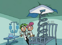 Timmy getting squashed by the hospital bed.