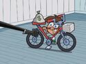 Dinkleberg gives Timmy a bike and a bag of money so that he could buy his dad some new pants.