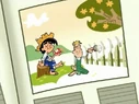 Tom Sawyer eating an apple while the guys he talks to whitewashes the fence for him.