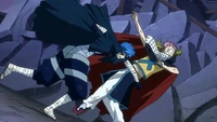 Natsu explique à Mistgun les 3 règles à respecter pour quitter Fairy Tail, pendant le combat