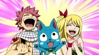 Natsu, Lucy et Happy sont contents du rétablissement d'Erza