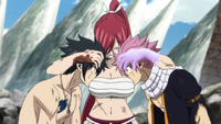 Erza hugs Gray and Natsu