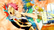 Lucy kicking Natsu and Happy for trespassing