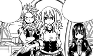 Natsu stands next to Lucy as she explains the situation