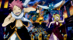 Natsu, Lucy, and Happy running from Rune Knights.png