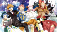 Natsu, Loke, Levy, Aries y Escorpio bailando durante la fiesta