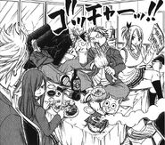 Team Natsu, in school clothes, eats