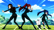 Erza and the others posing in their skin-tight suits