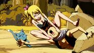 Lucy and Happy pulling Natsu out of a boulder