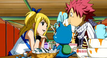 Lucy paga uma almoço para Natsu e Happy