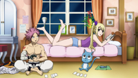 Lucy, Natsu and Happy play games before the battle