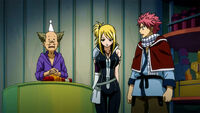 Natsu forces Lucy to buy him a weapon