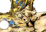 Lucy pulling Natsu out of a boulder